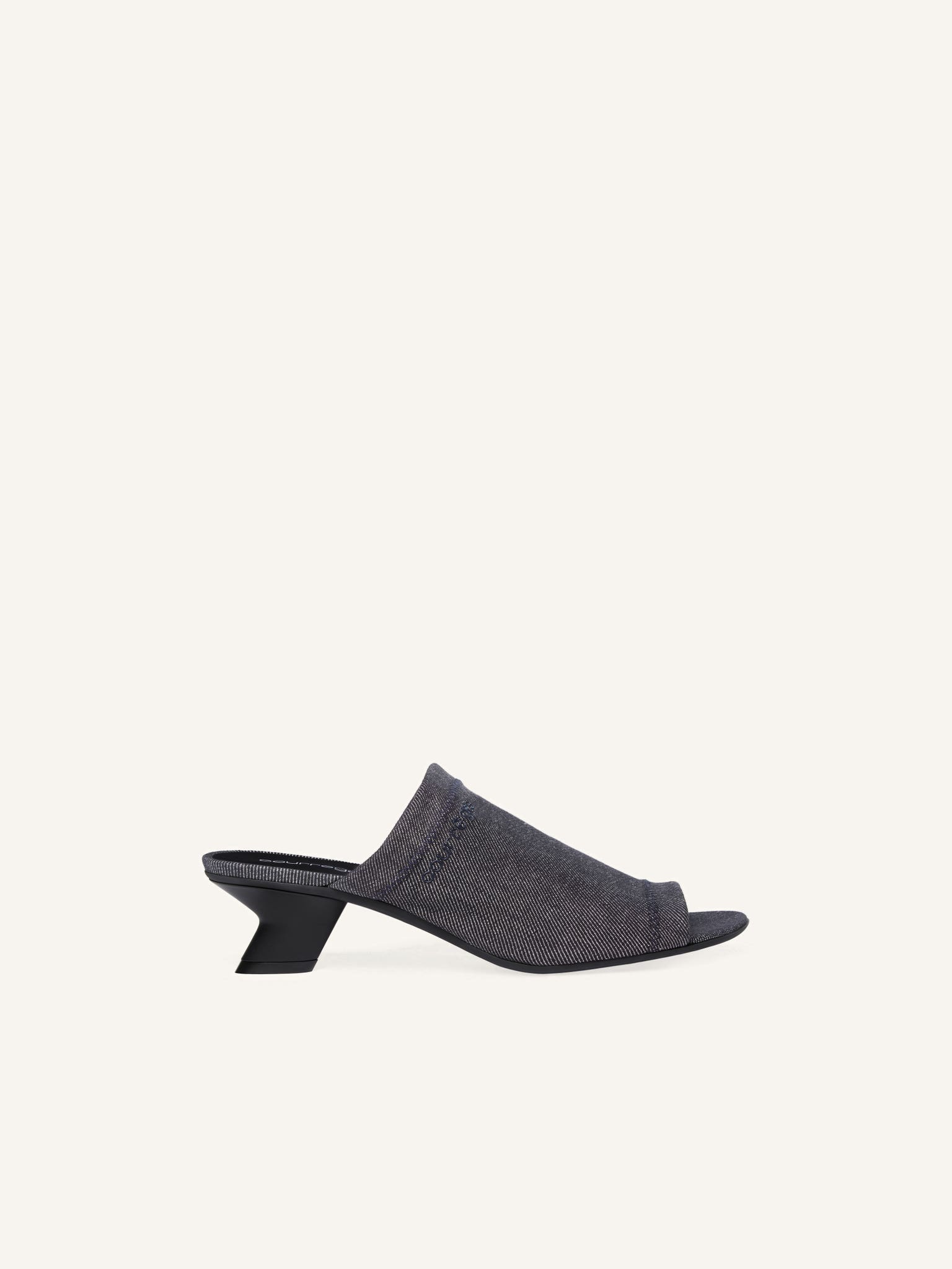 WET DENIM HEELED MULES