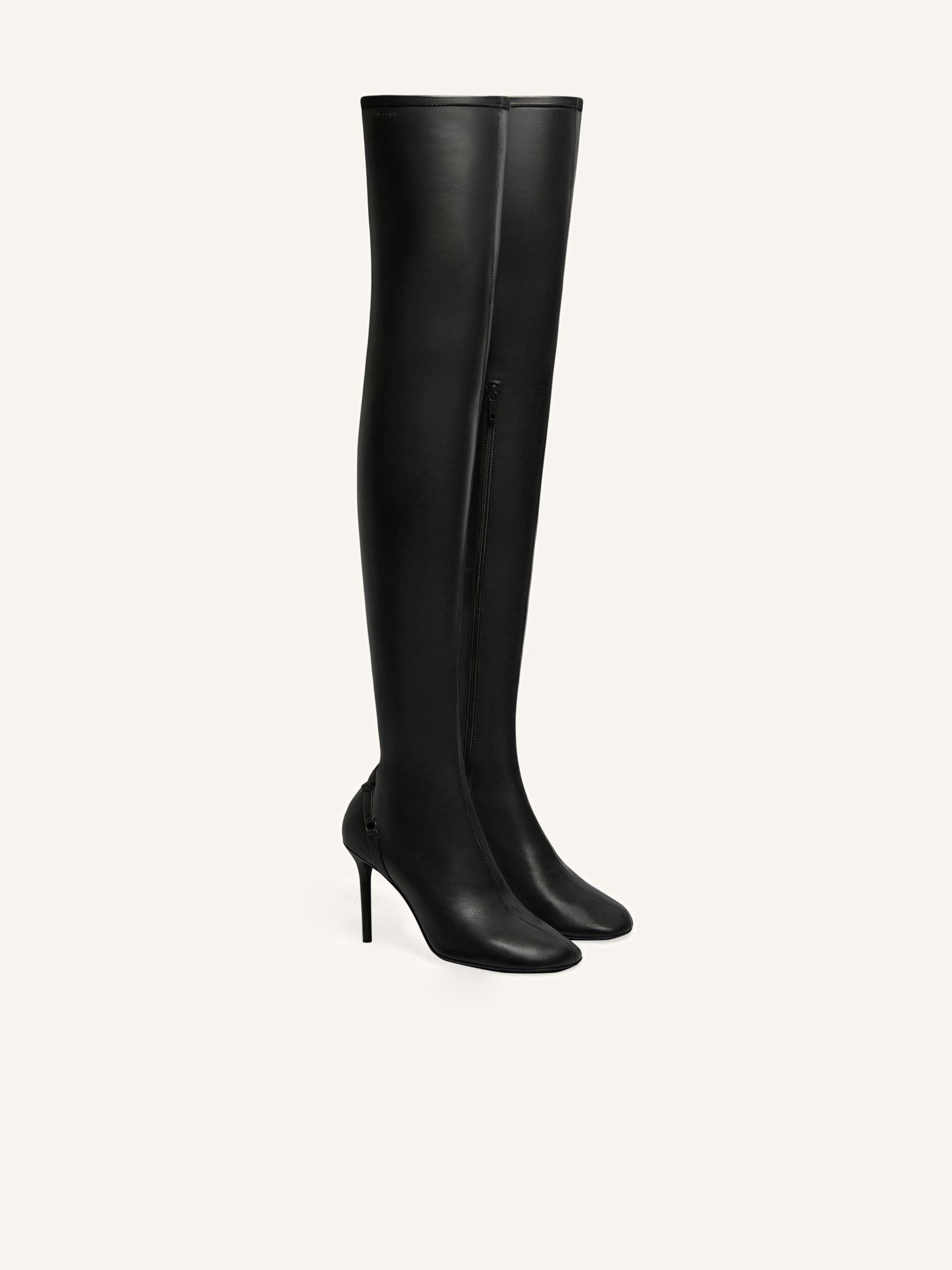 OBLIQUE STRETCH LEATHER EFFECT THIGH BOOTS